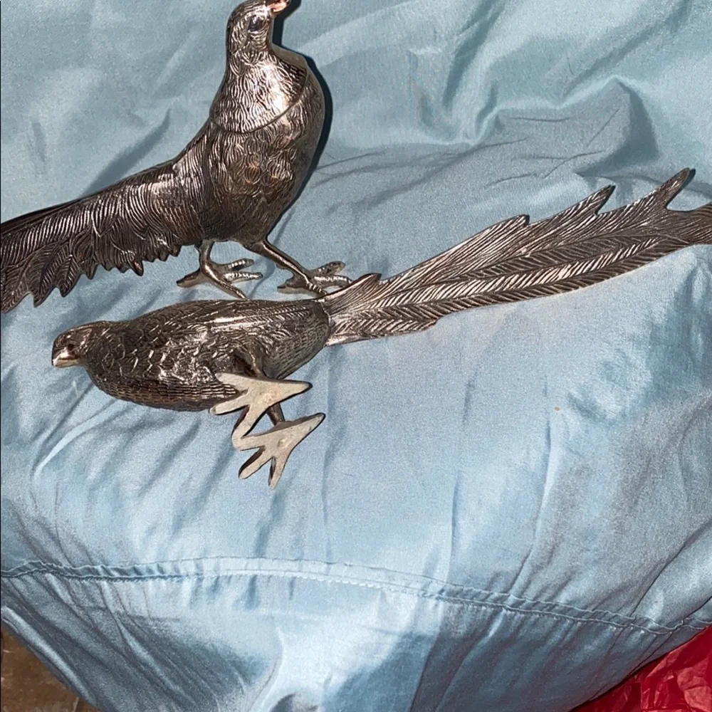 Vintage Lacquered Brass Silver finish Pheasant and  Japanese Peacock Bird Fig - Picture 6 of 10